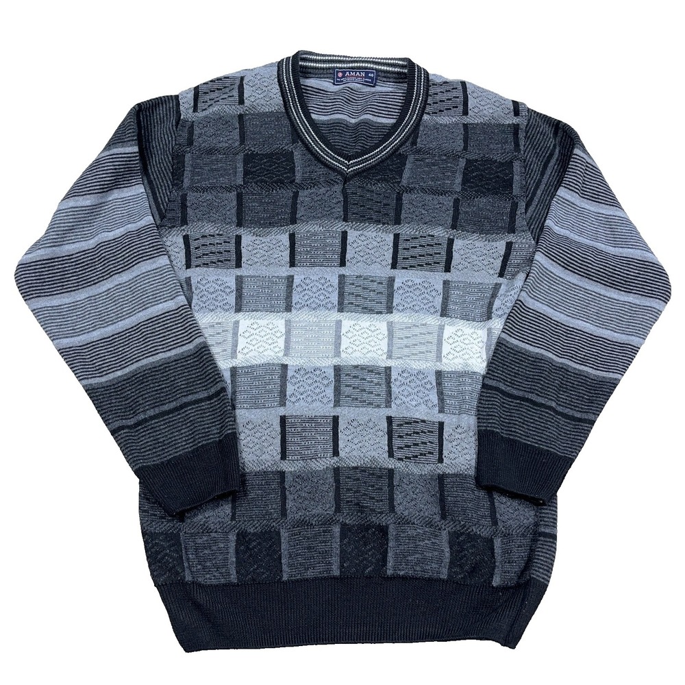 Vintage Grandpa Sweater Men Large Gray Black Geometric Knit Crewneck Textured